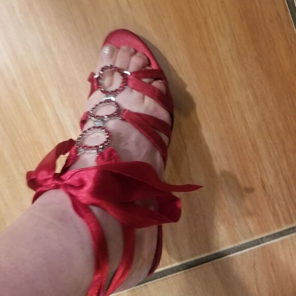 Fioni | Size 6 Vintage Ruby Red Open Toe Lace Up Heels with Circle Gem Detail - Picture 1 of 15